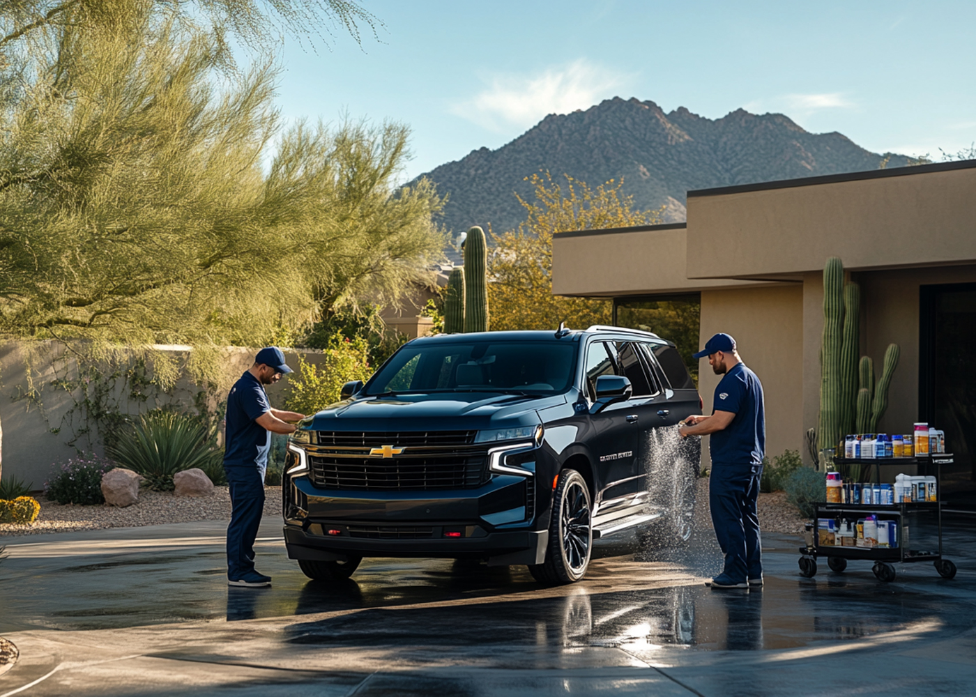 Two Shine Co detailers washing a black SUV in a Scottsdale driveway with desert mountains and cacti in the background.