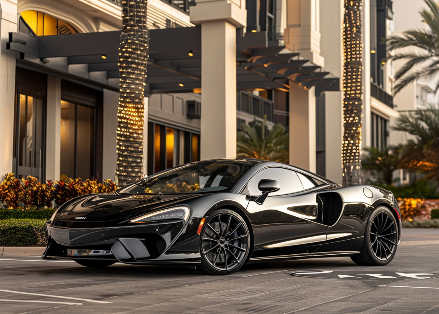 Black McLaren sports car parked in front of a luxury Phoenix property at sunset, representing High Limit Transportation's premium enterprise fleet.