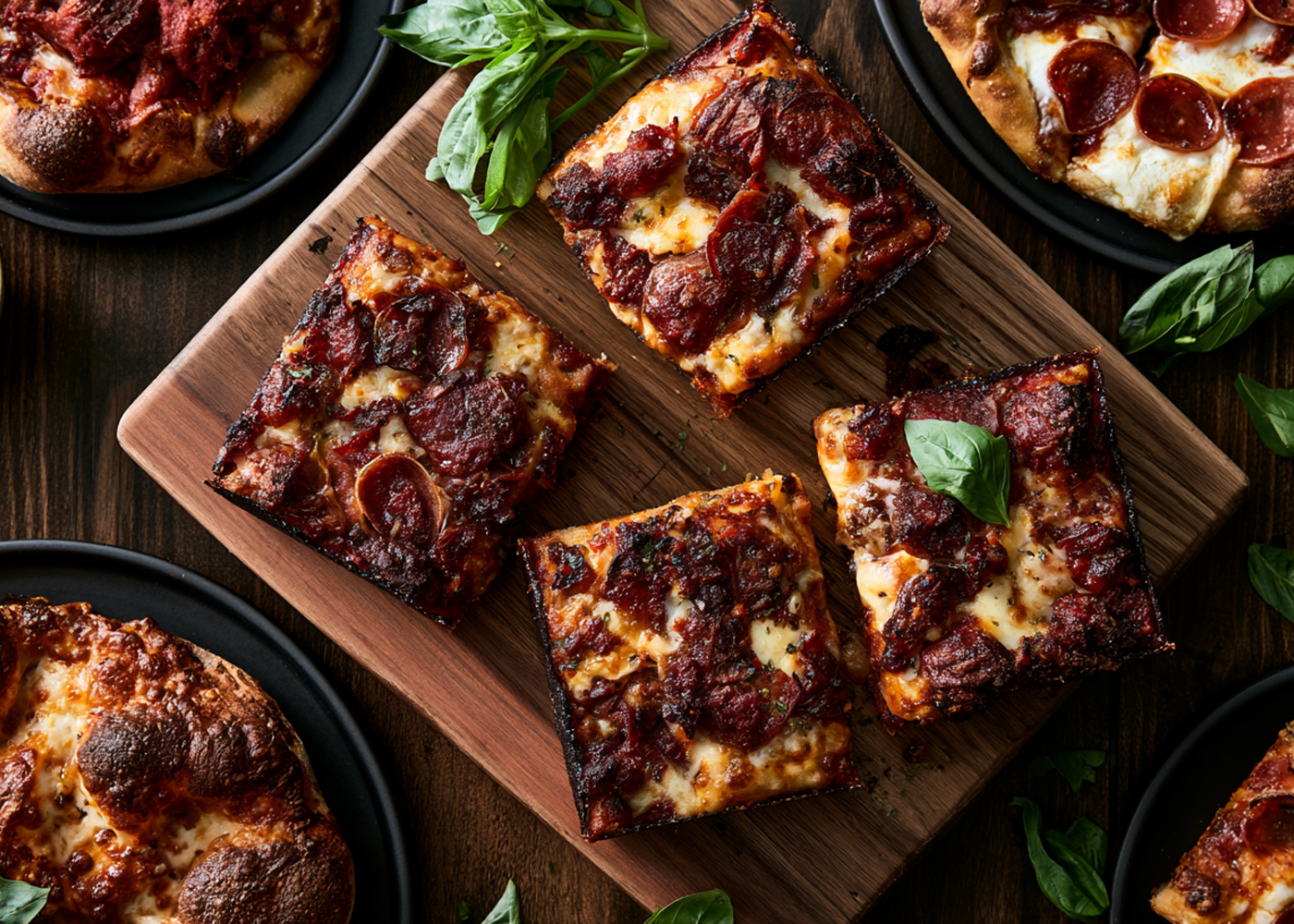 Overhead shot of Cranford Square Pizza's charred square-cut pepperoni pizzas topped with fresh basil on black plates over a dark wood table.